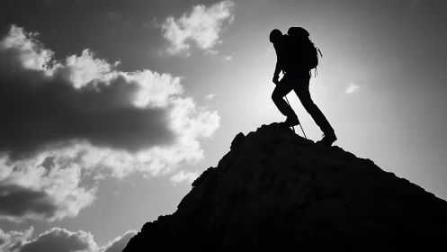 Silhouetted mountaineer ascends rocky ridge against backlit sky