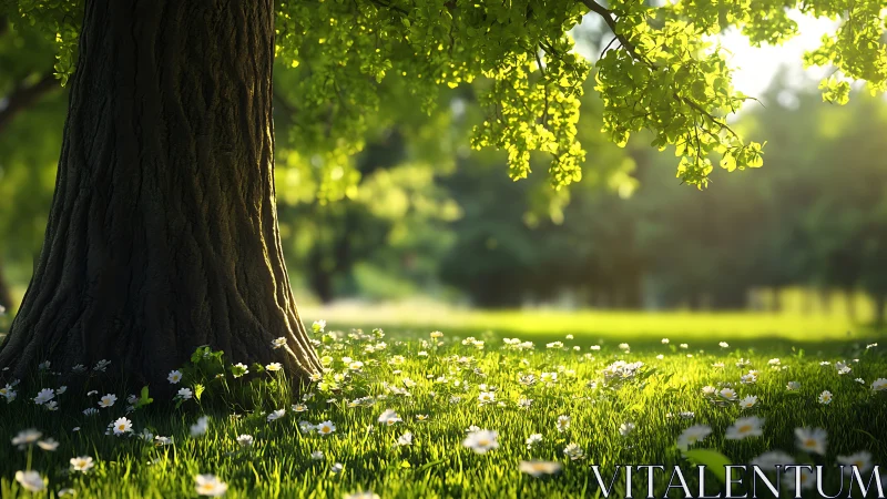 Sunlit tree trunk with daisies in lush green meadow.