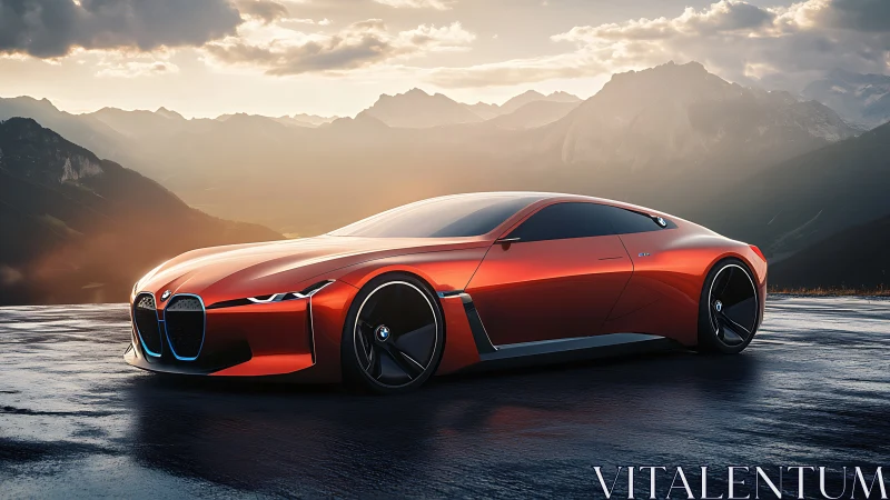 Futuristic red sports coupe reflects sunset across wet mountain road