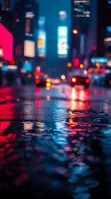 Neon city street glows softly through rain and reflections
