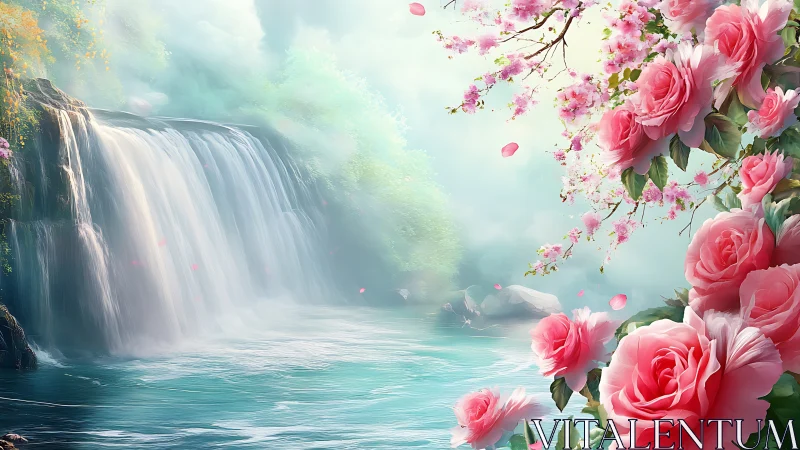 Romantic misted waterfall with turquoise pool and pink roses