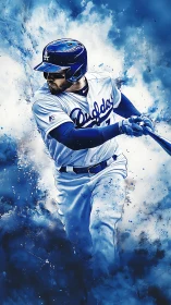 Dodgers batter swings through explosive blue energy burst.