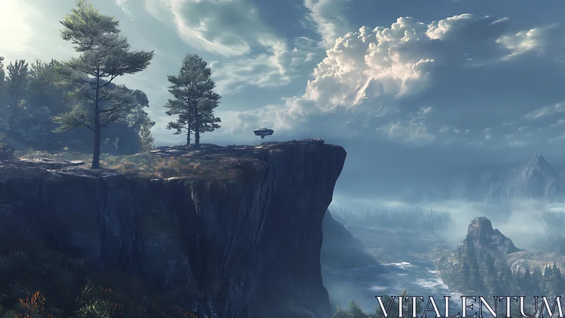 Futuristic dropship on alpine cliff above misty river valley