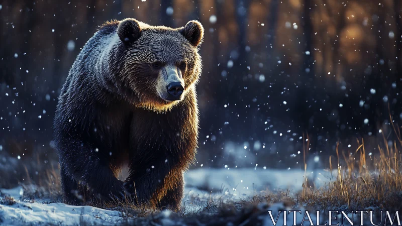 Gentle brown bear wandering through a soft winter snowfall.