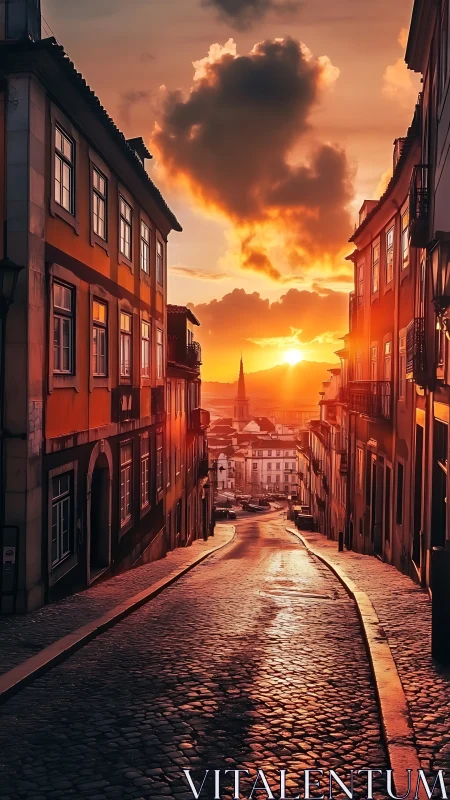 Sunlit cobblestone street channels low-angle sunset through dense façades