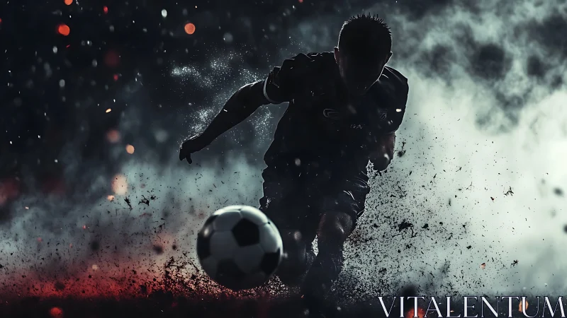 Intense soccer player racing through mist and flying sparks.