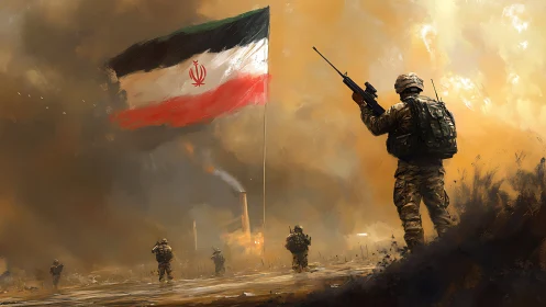 Armed soldiers advance under Iran flag through smoky battlefield
