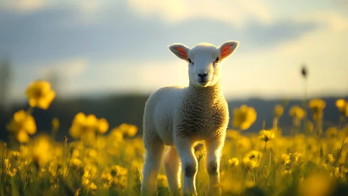 Young lamb glows in golden meadow light at peaceful sunset