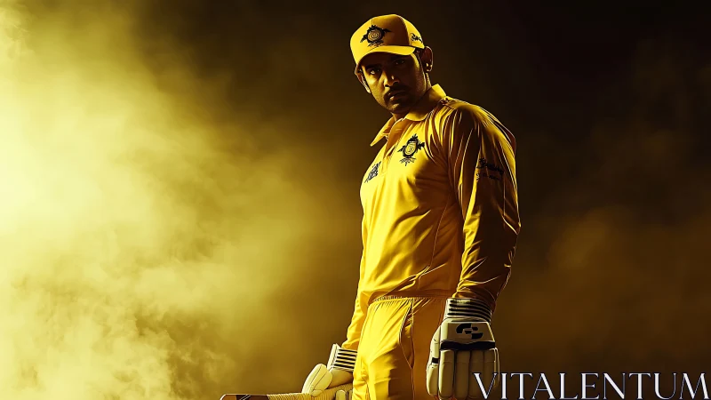 Golden-clad cricketer stalks the crease like a storm poised