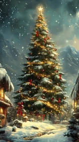 Illuminated alpine fir under snowfall with festive light arrays.