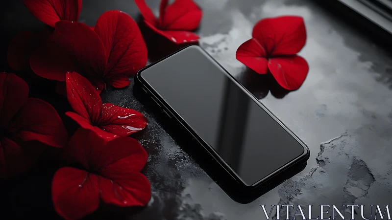 Elegant Smartphone Rests Among Vibrant Red Petals and Droplets