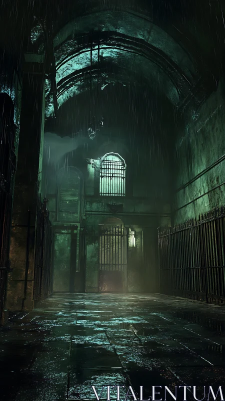 Rain-drowned prison arcade where emerald gloom keeps watch.
