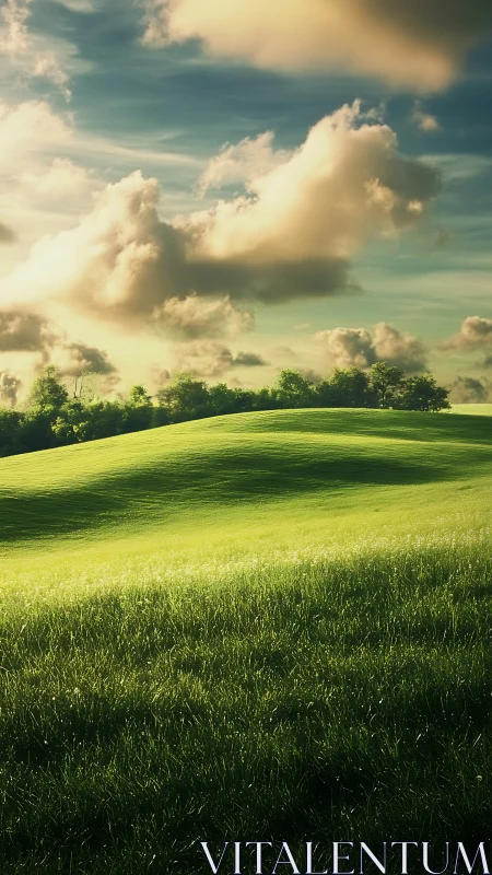 Sunlit green hillside glows beneath drifting summer clouds.
