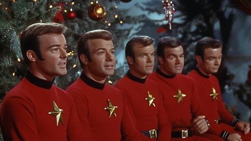 Retro spacemen choir in red uniforms sing by Christmas tree.