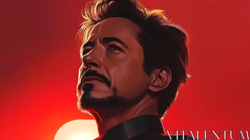 Heroic profile portrait under blazing red sunset glow.