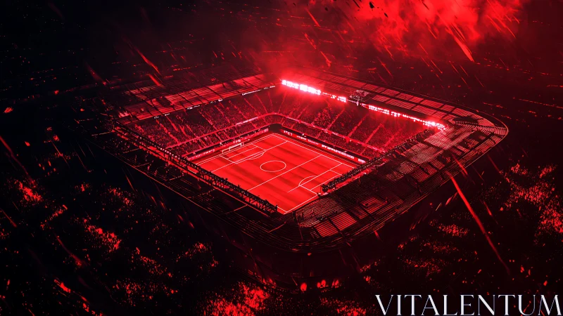 Floodlit red football stadium glows amid roaring night sky.