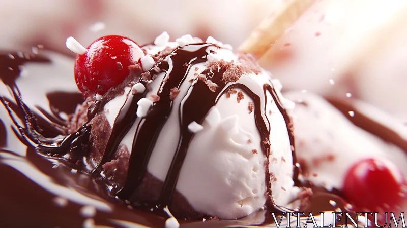 Decadent ice cream sundae in rich chocolate macro focus.