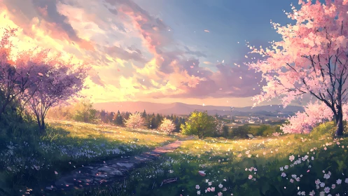 Sunlit rural path with cherry trees and distant townscape.