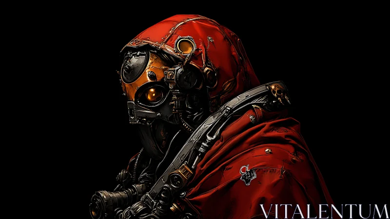 Cybernetic monk portrait reveals armored respirator and red cowl