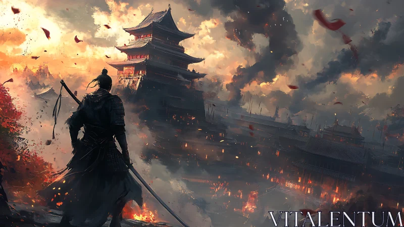 Armored figure observing burning fortress under dense smoke.