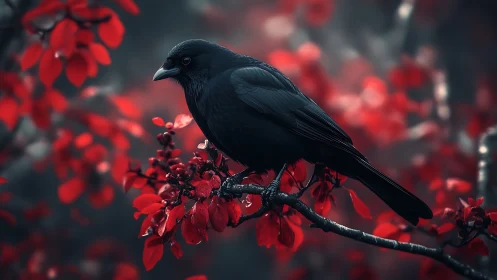 Black corvid perched on red flowering branch with atmospheric bokeh depth