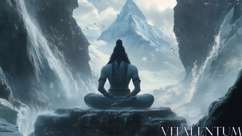 Meditating ascetic overlooks icy mountain between waterfalls