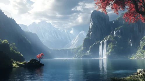 Quiet mountain lake with bright red trees and tall falls.