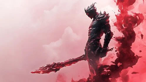 Crimson armored warrior stands amid swirling blood mist