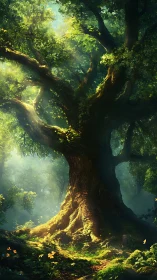 Ancient Forest Giant Illuminated by Golden Sunlight