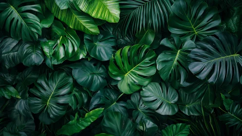 Dense tropical monstera foliage under soft diffused light.
