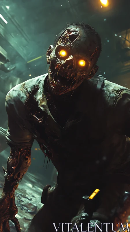 Glowing eyed zombie stalks a dim, eerie industrial hallway.