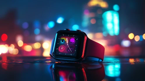 Smartwatch sits on wet reflective surface in neon cityscape
