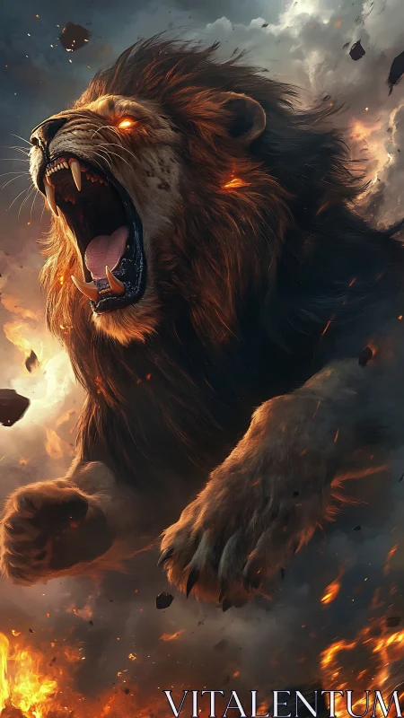 Digital illustration of roaring lion amid fire and smoke.