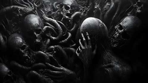 Monochrome biomechanical figure amid clustered skull forms.