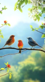Colorful songbirds share a tranquil moment on a spring branch