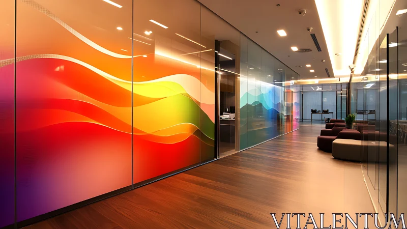 Modern office hallway with vivid abstract glass murals.