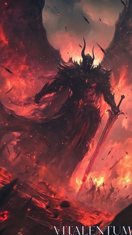 Winged demon warlord strides through a burning hellscape