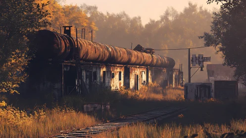 Rusting rail depot with overgrown tracks at sunset.