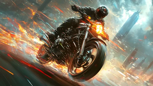 Fire‑trailed rider slashes through a stormy neon skyline