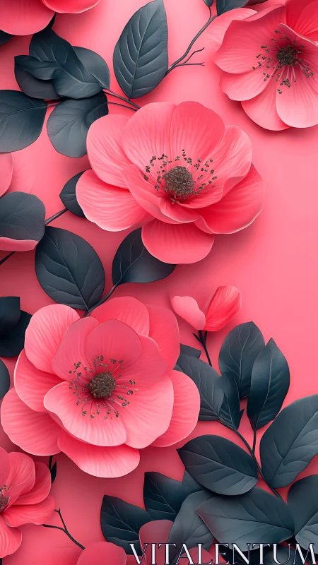 Pink flowers with dark foliage against monochromatic background