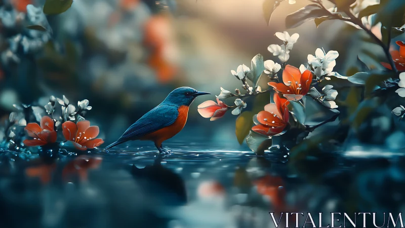 Vibrant blue and orange bird amid blooming flowers, dreamy style.