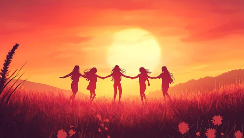 Girls Holding Hands in Field at Sunset, Vibrant Digital Art.