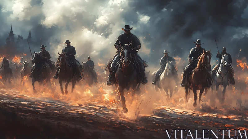 Mounted riders advance through burning ground and smoke