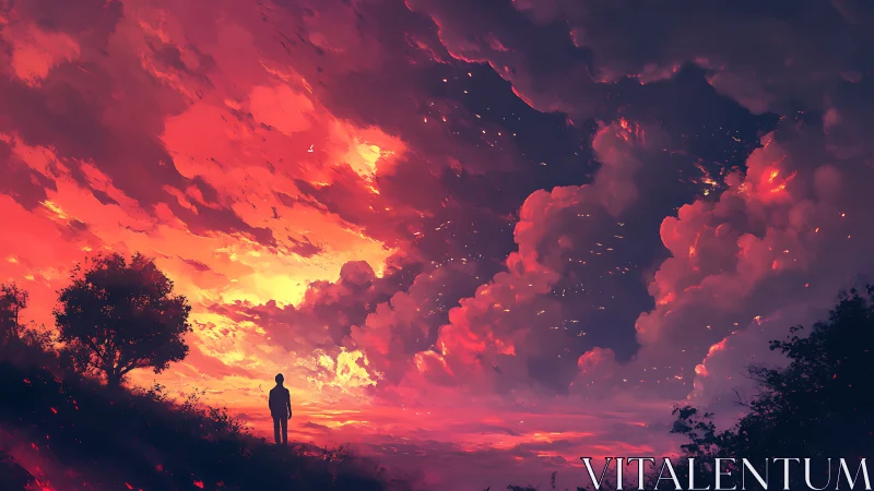 Solitary figure watches blazing crimson clouds ignite dusk