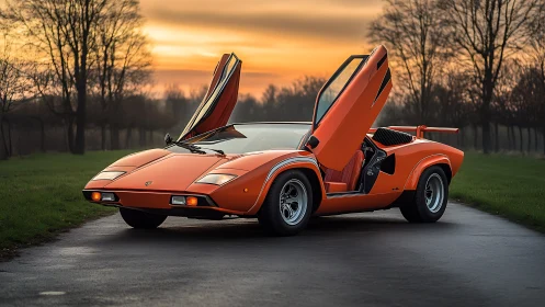 Iconic orange supercar with scissor doors at sunset roadway