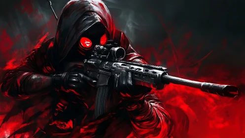 Hooded cybernetic marksman in red-black digital combat scene.
