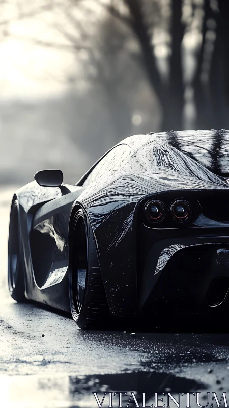 Black sports car rear view on wet road in muted daylight.