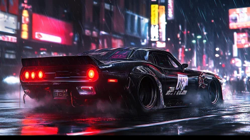 Muscle car drifts through neon-lit city streets in the rain