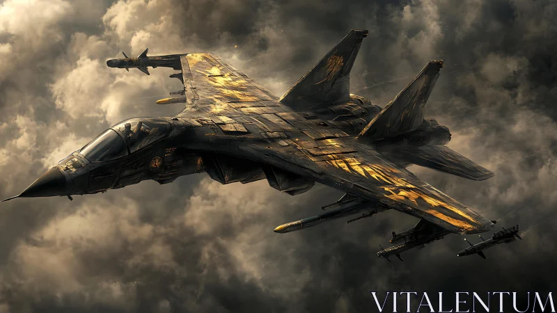 Futuristic stealth fighter jet banking through dense storm clouds