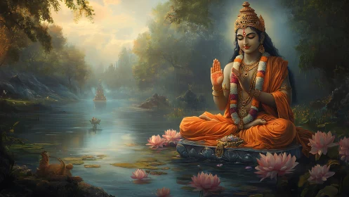 Gentle river goddess rests in lotus calm and golden light